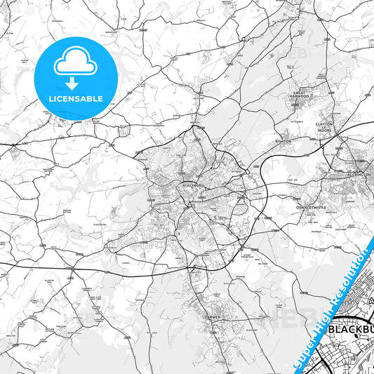 Blackburn, England light map with streetnames, citynames and districts