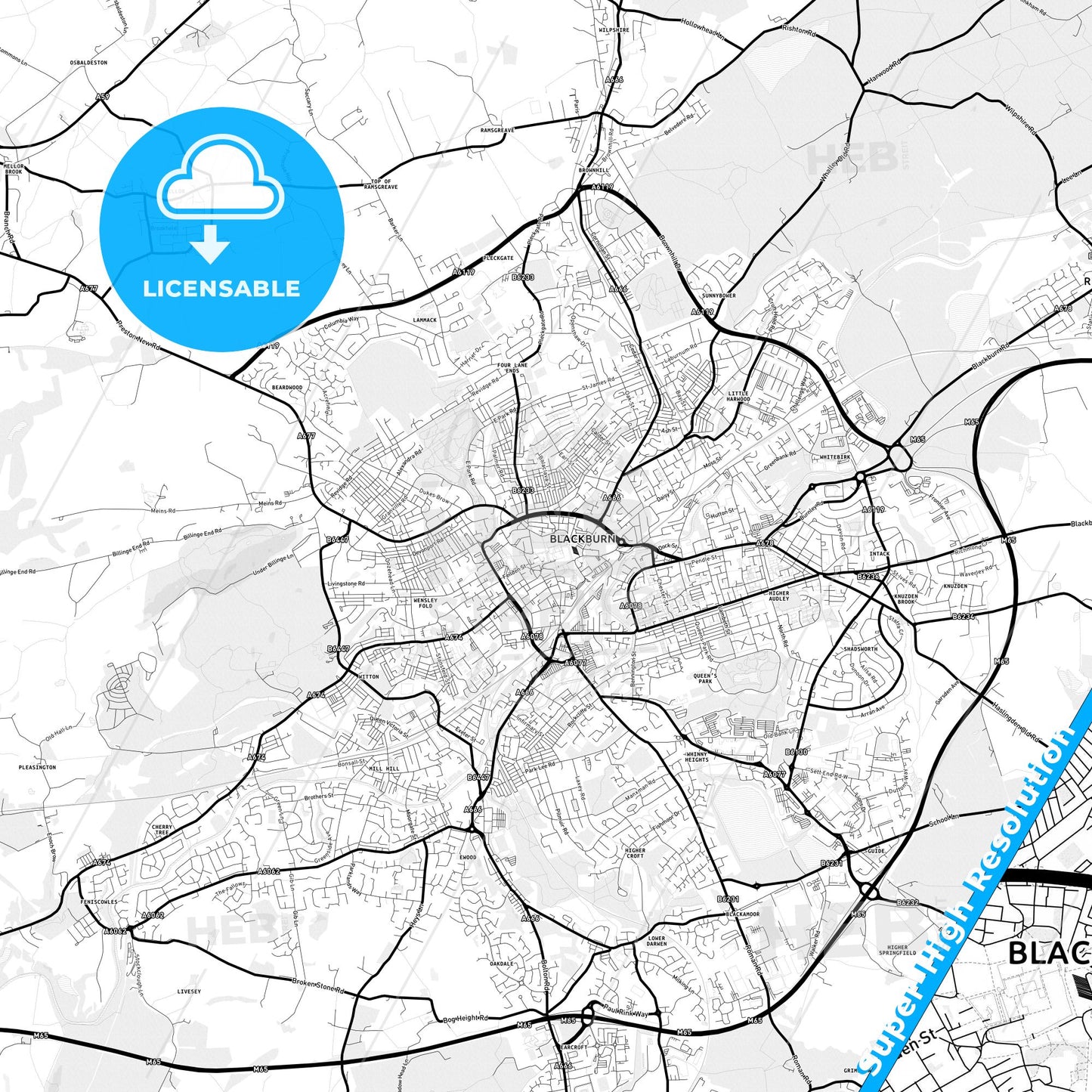 Blackburn, England Light Map with Street Names, City Names, and Districts