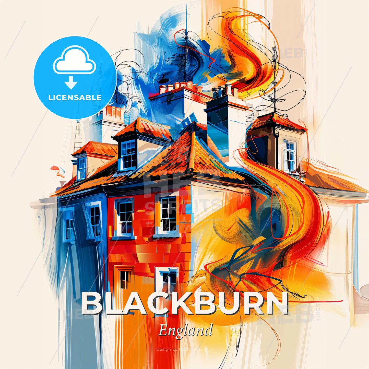 Vibrant Blackburn, England - A Painting Of A Building With A Fire Coming Out Of It - Square format print template