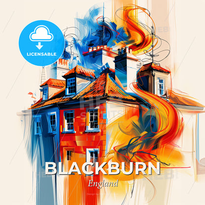 Vibrant Blackburn, England - A Painting Of A Building With A Fire Coming Out Of It - Square format print template