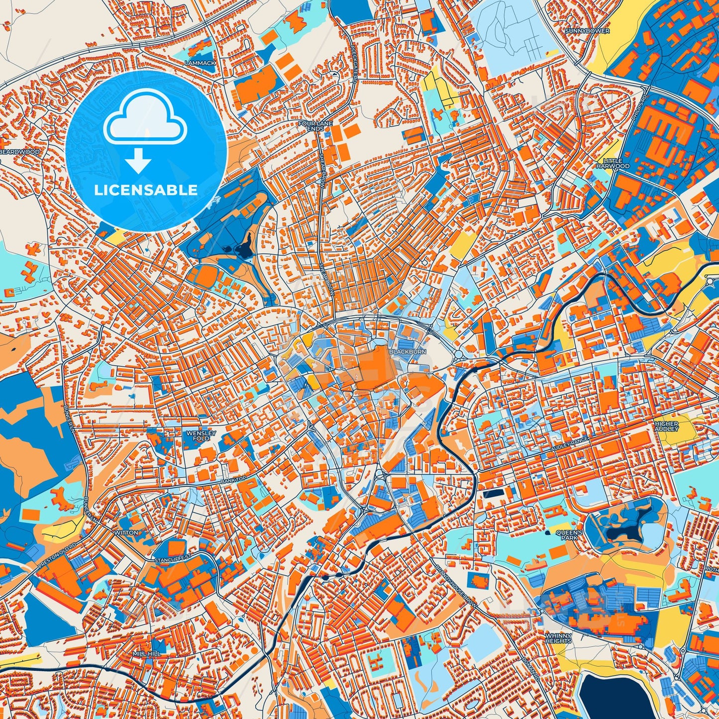 Colorful Blackburn Street Map with Labels and Buildings
