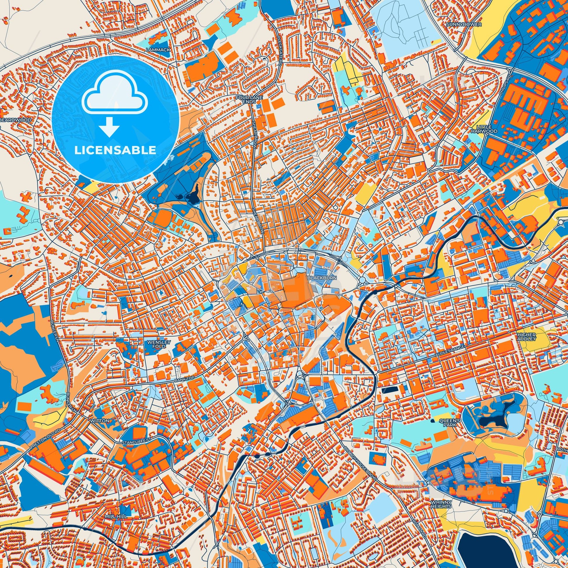 Colorful Blackburn Street Map with Labels and Buildings