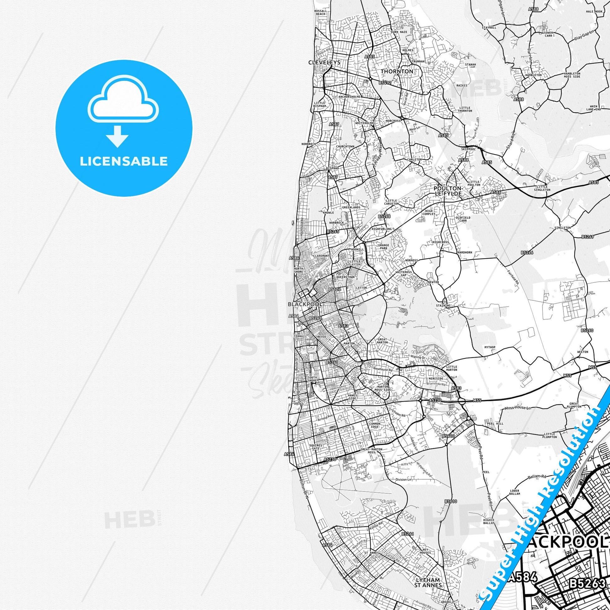 Blackpool, England light map with streetnames, citynames and districts