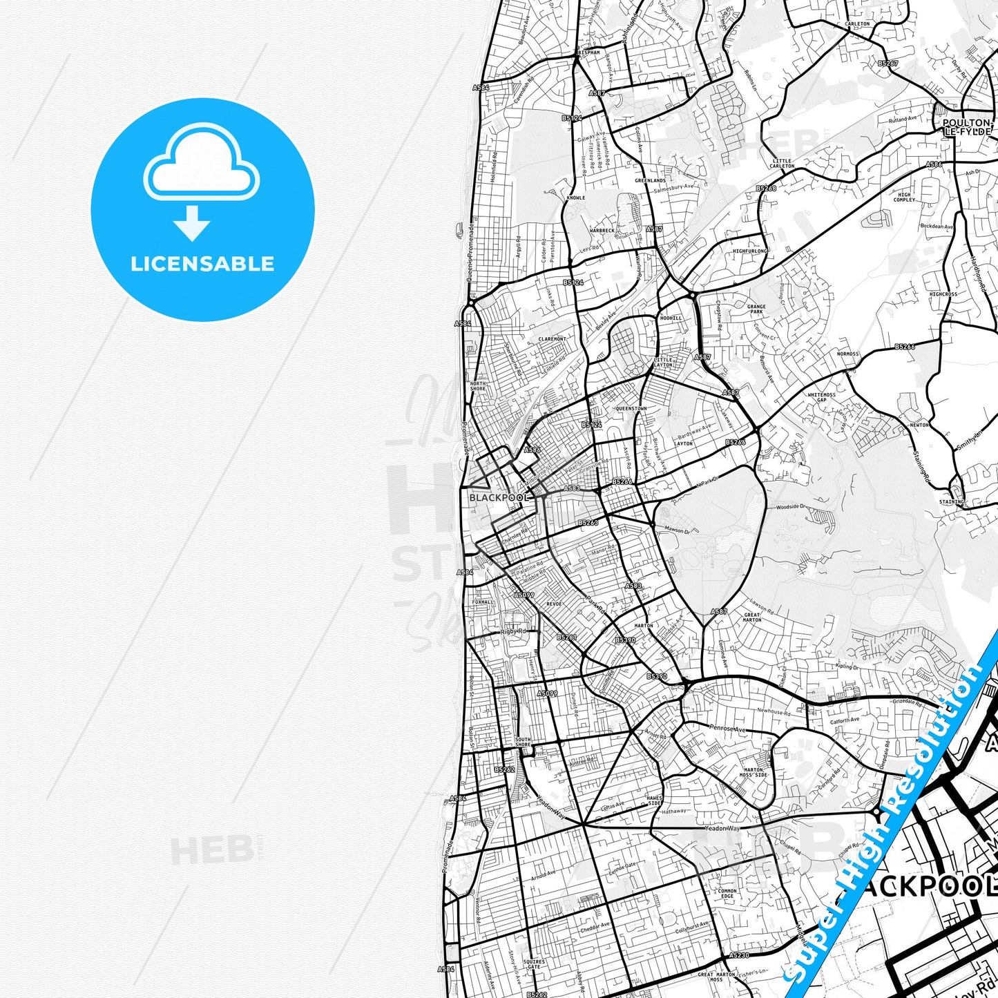 Blackpool, England Light Map with Street Names, City Names, and Districts