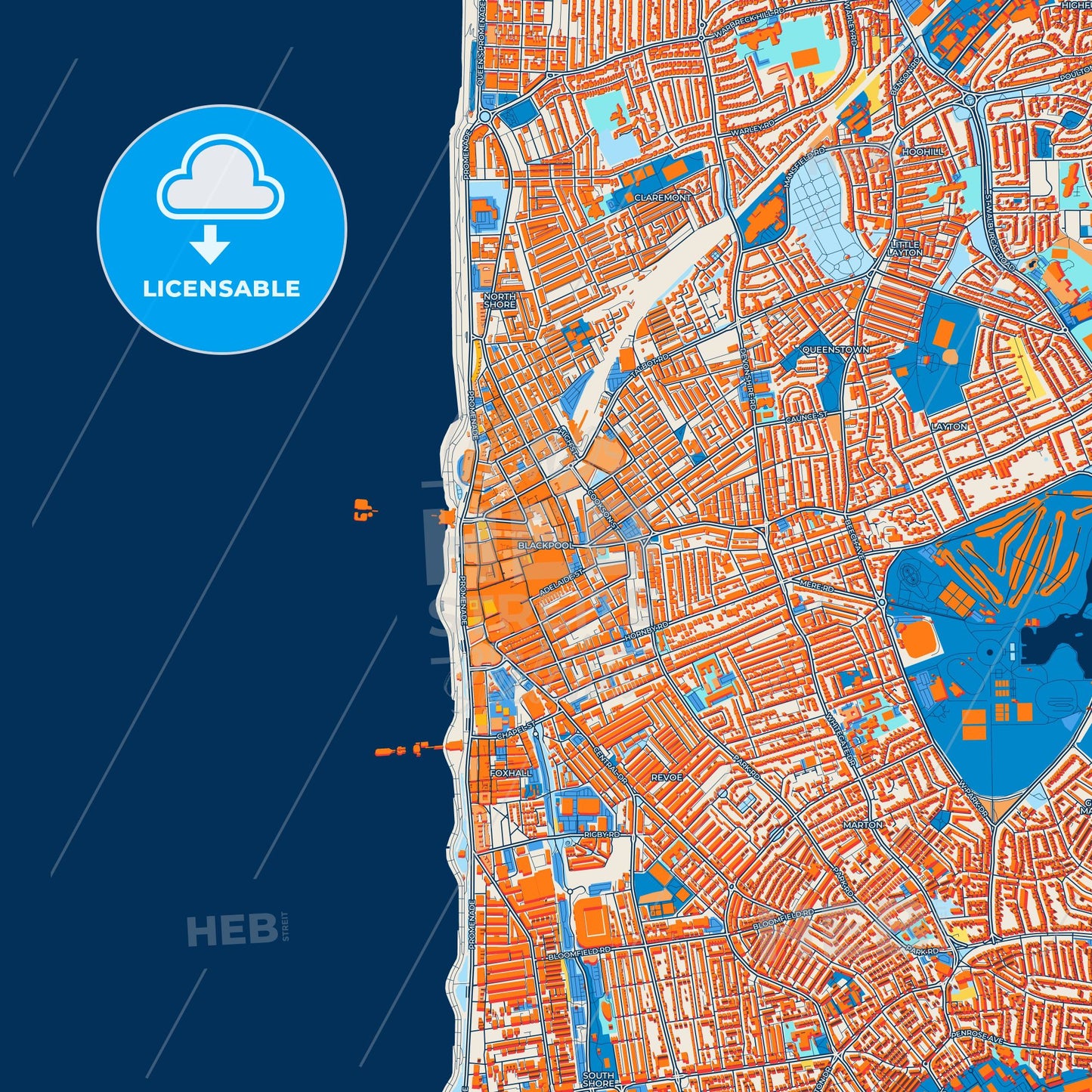 Colorful Blackpool Street Map with Labels and Buildings