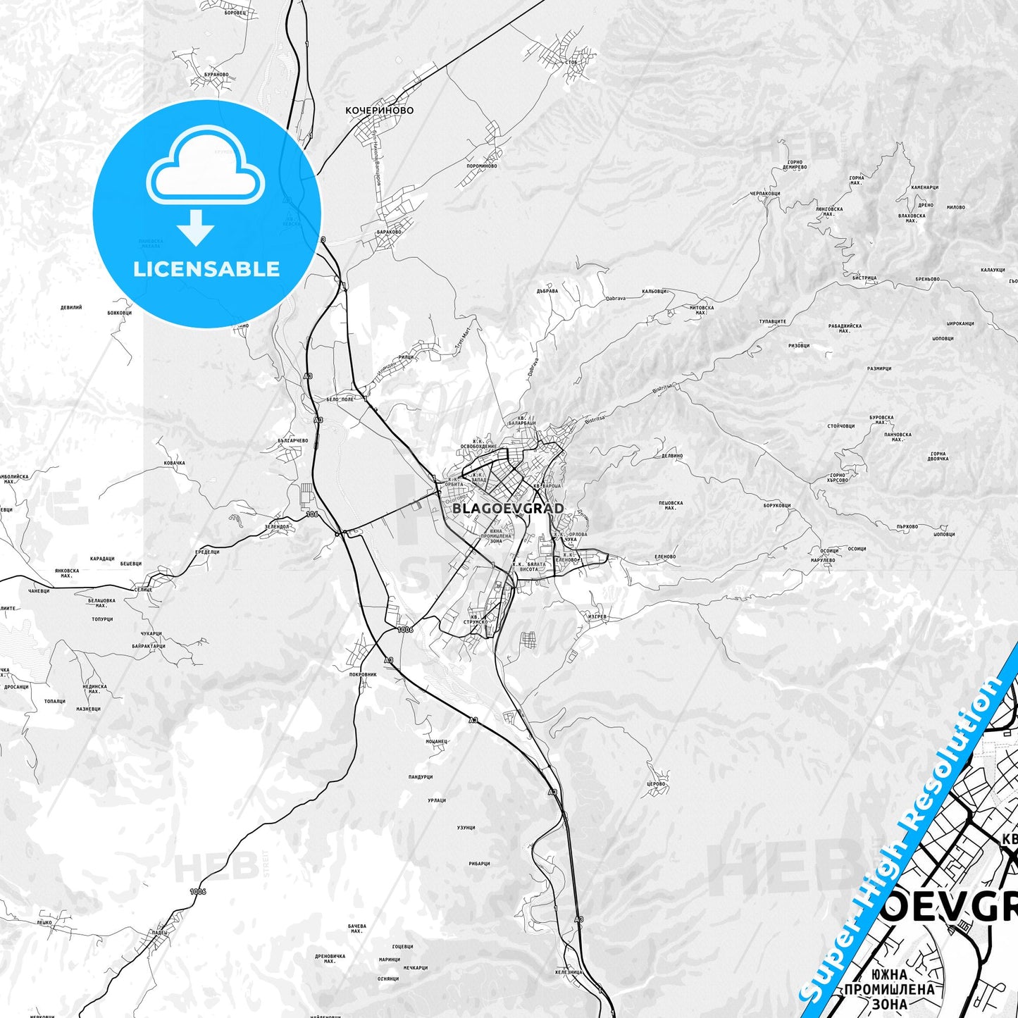 Blagoevgrad, Bulgaria light map with streetnames, citynames and districts