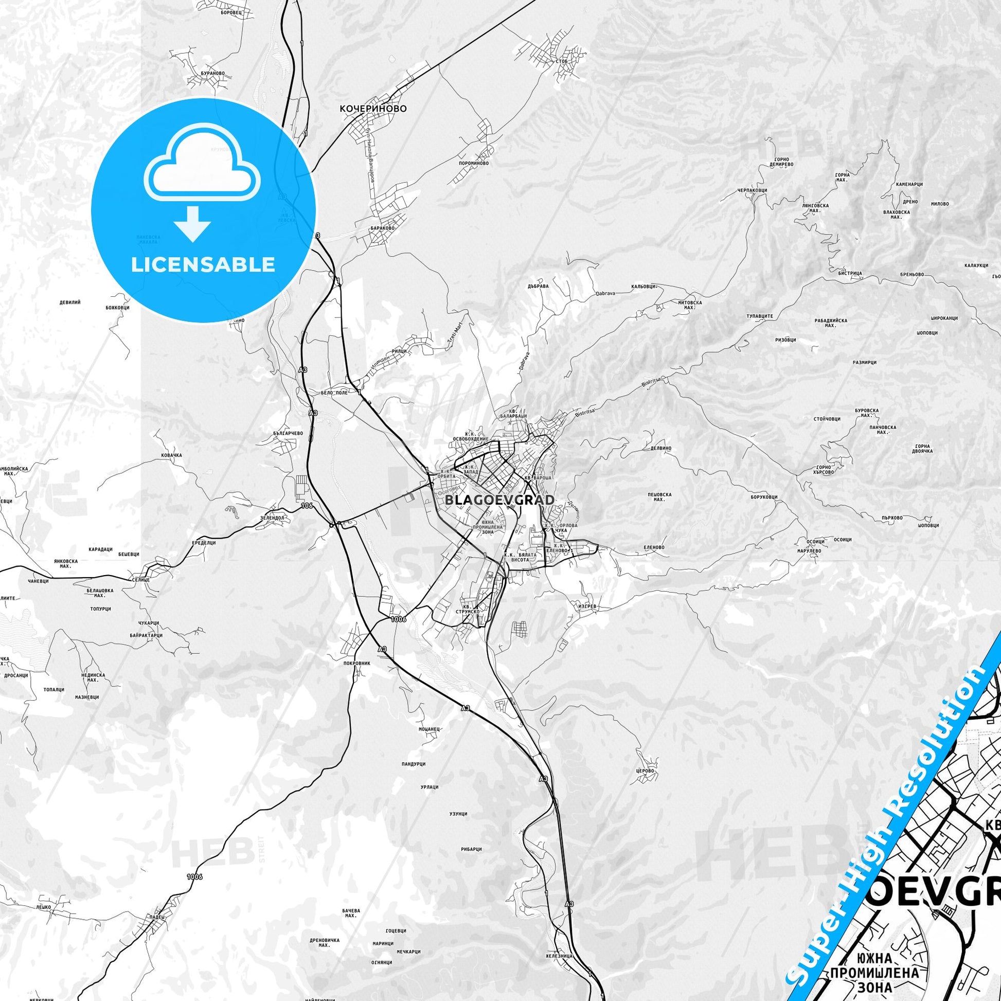 Blagoevgrad, Bulgaria light map with streetnames, citynames and districts