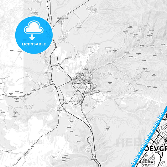 Blagoevgrad, Bulgaria light map with streetnames, citynames and districts