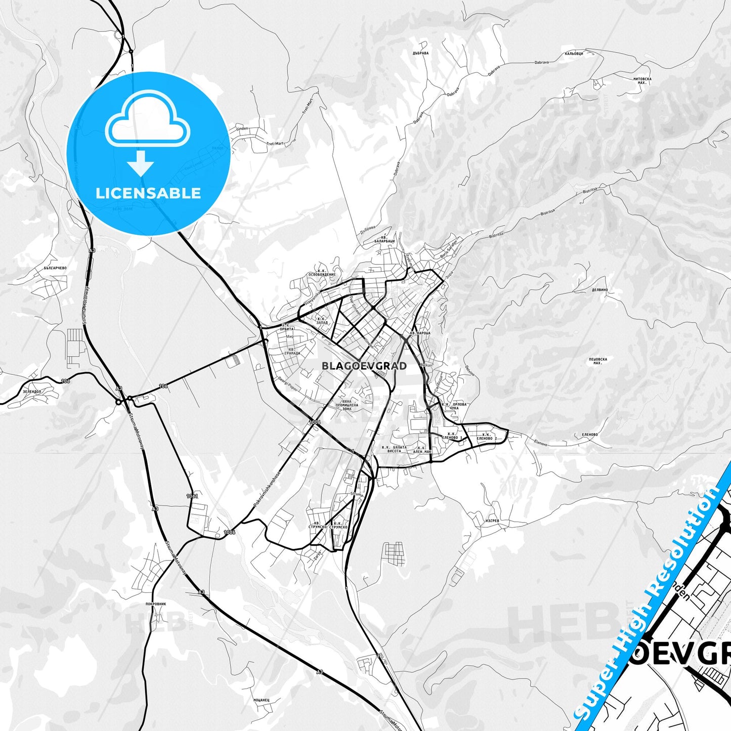 Blagoevgrad, Bulgaria Light Map with Street Names, City Names, and Districts