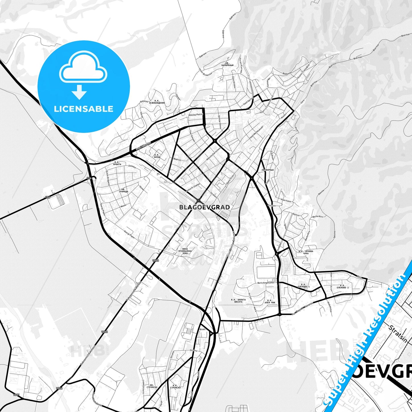 Blagoevgrad, Bulgaria Light Map with Street Names, City Names, and Districts