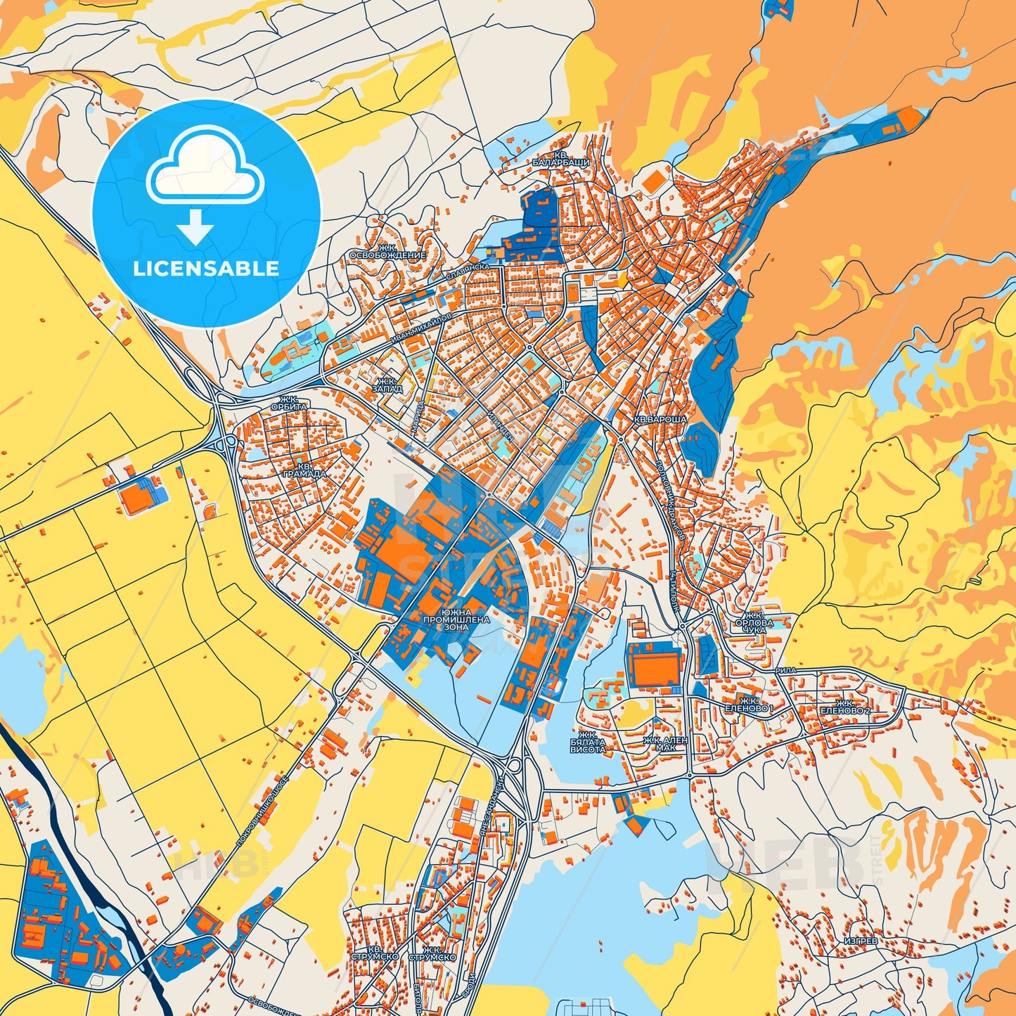 Colorful Blagoevgrad Street Map with Labels and Buildings