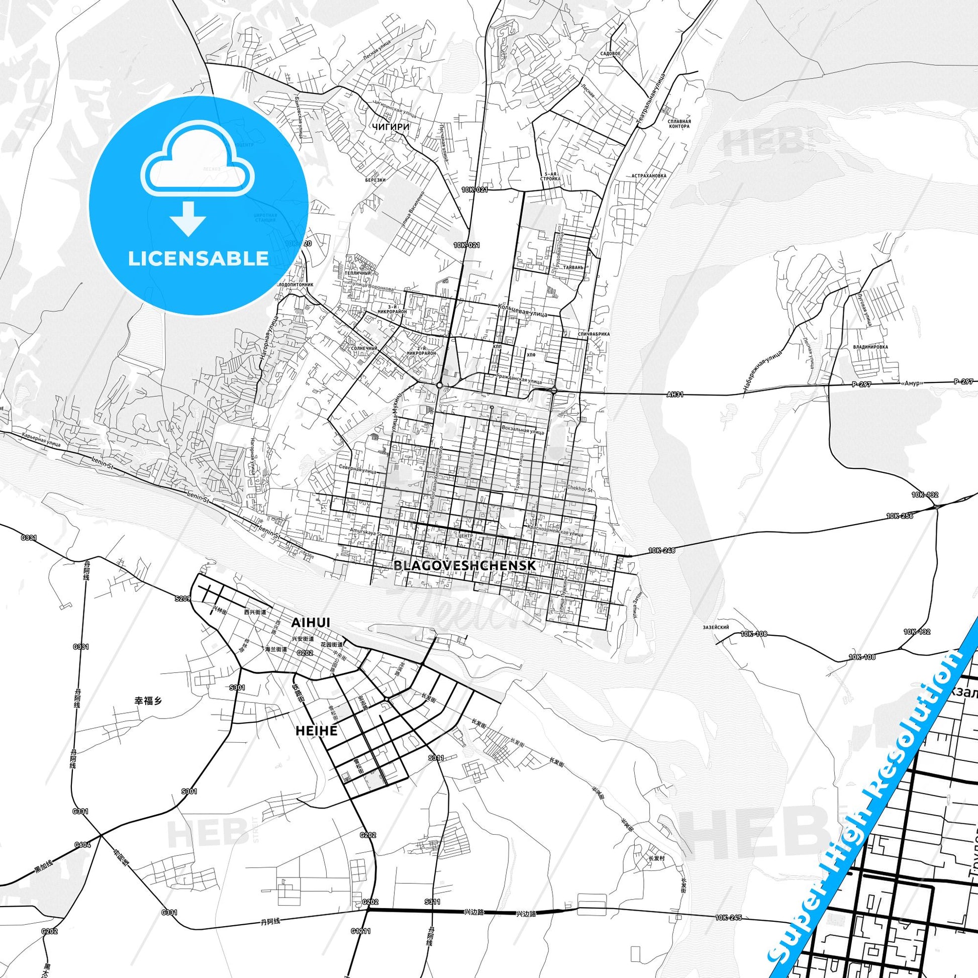 Blagoveshchensk, Russia light map with streetnames, citynames and districts