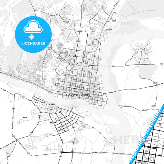 Blagoveshchensk, Russia light map with streetnames, citynames and districts