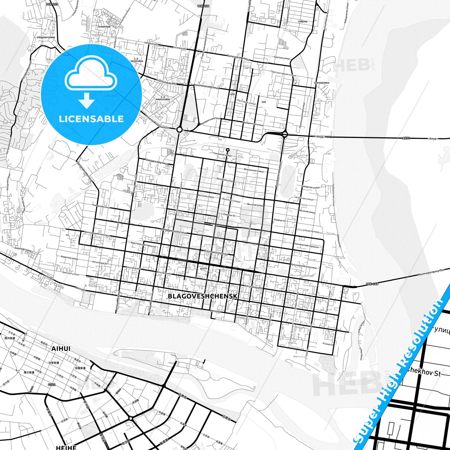 Blagoveshchensk, Russia Light Map with Street Names, City Names, and Districts