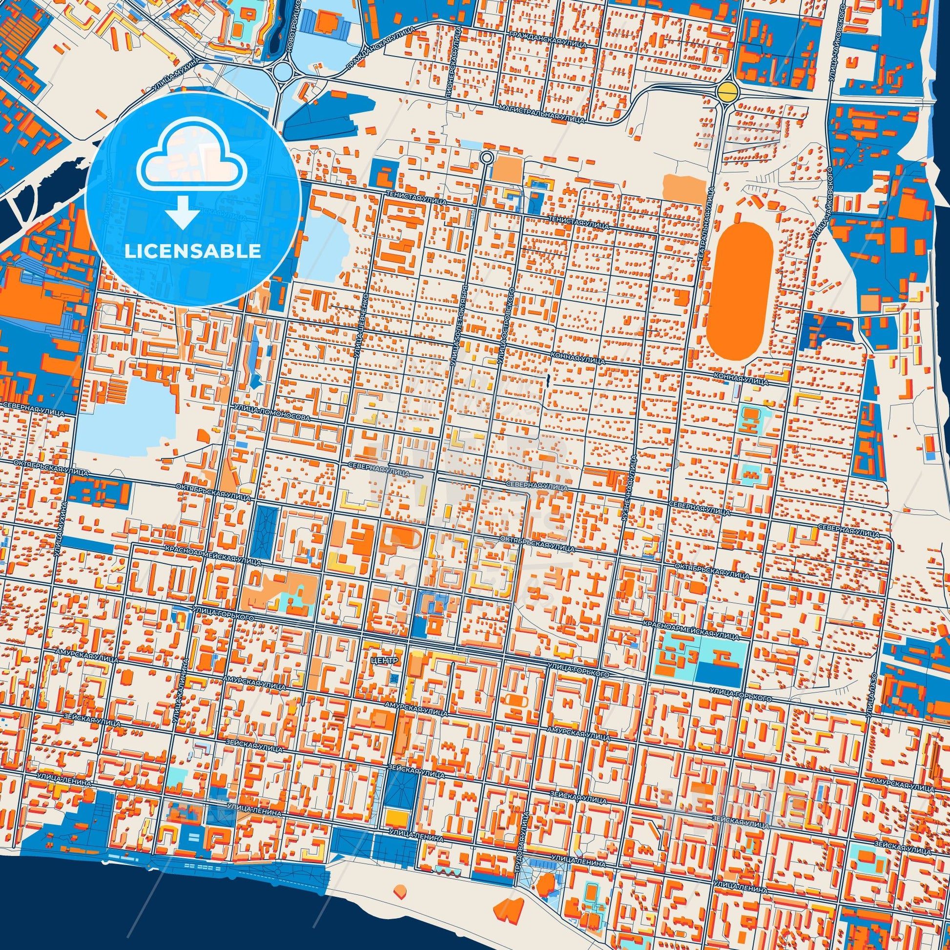 Colorful Blagoveshchensk Street Map with Labels and Buildings