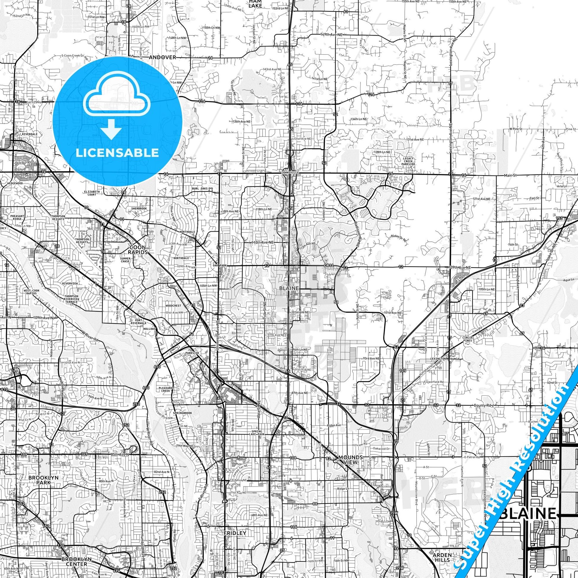 Blaine, Minnesota light map with streetnames, citynames and districts