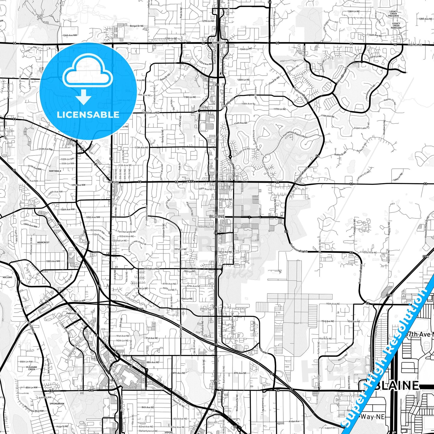 Blaine, Minnesota Light Map with Street Names, City Names, and Districts