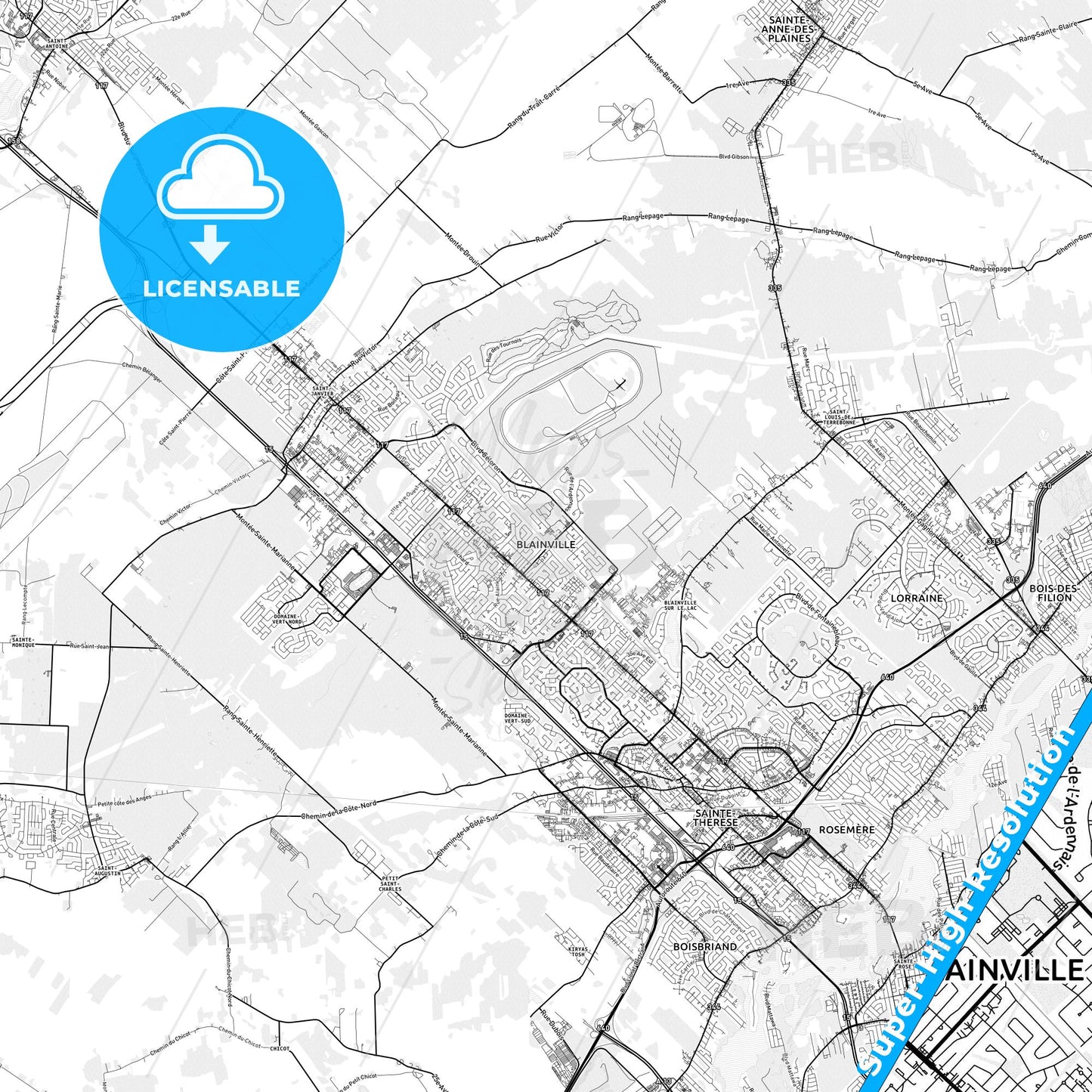 Blainville, Canada light map with streetnames, citynames and districts