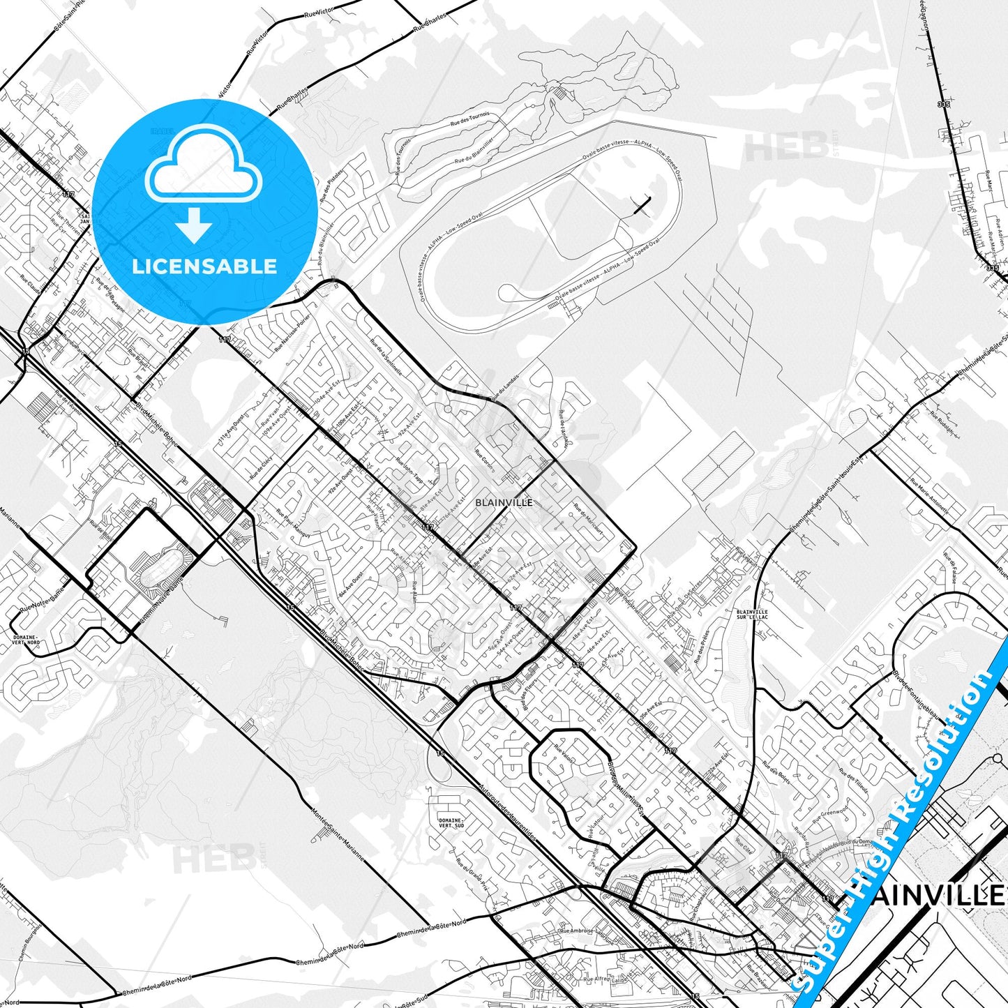 Blainville, Canada Light Map with Street Names, City Names, and Districts