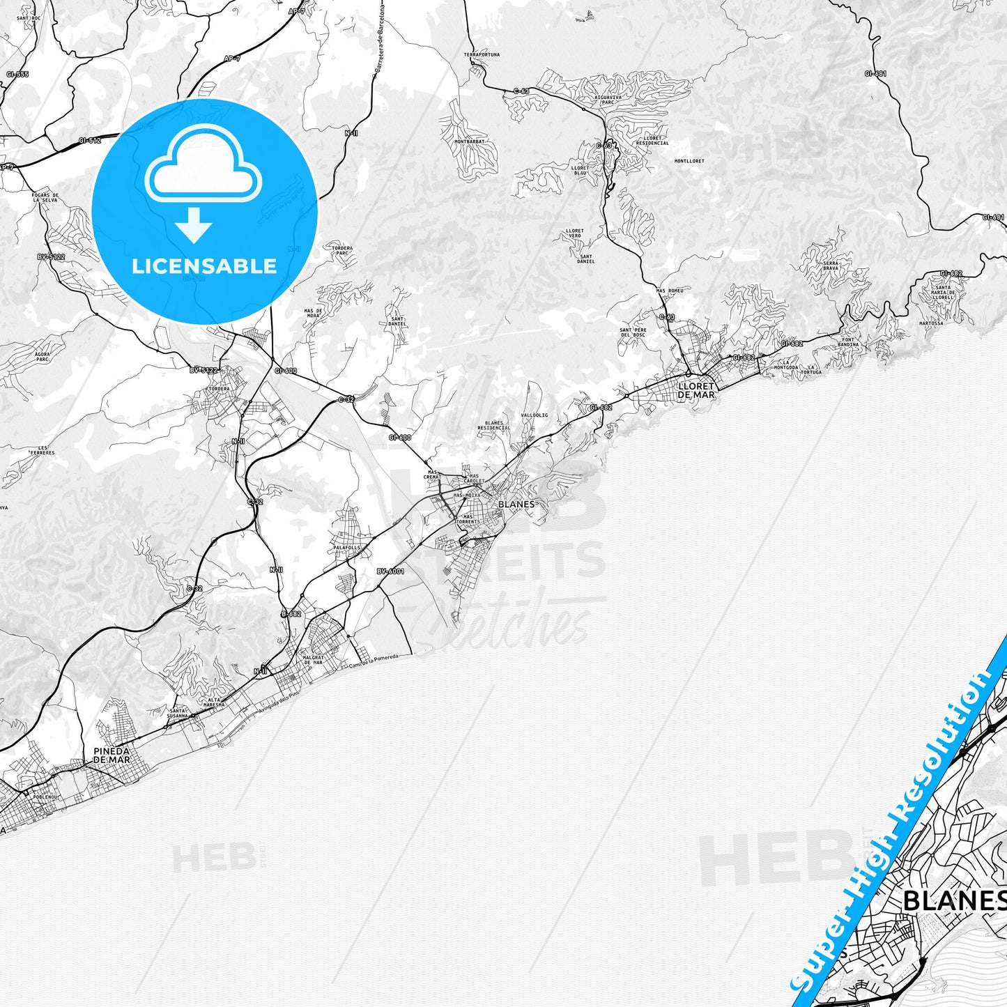 Blanes, Spain light map with streetnames, citynames and districts