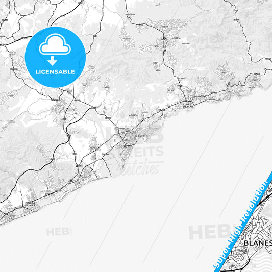 Blanes, Spain light map with streetnames, citynames and districts