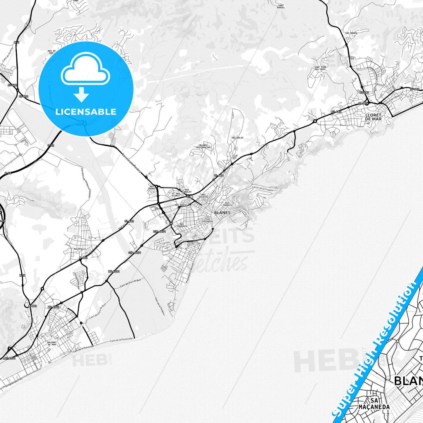 Blanes, Spain Light Map with Street Names, City Names, and Districts
