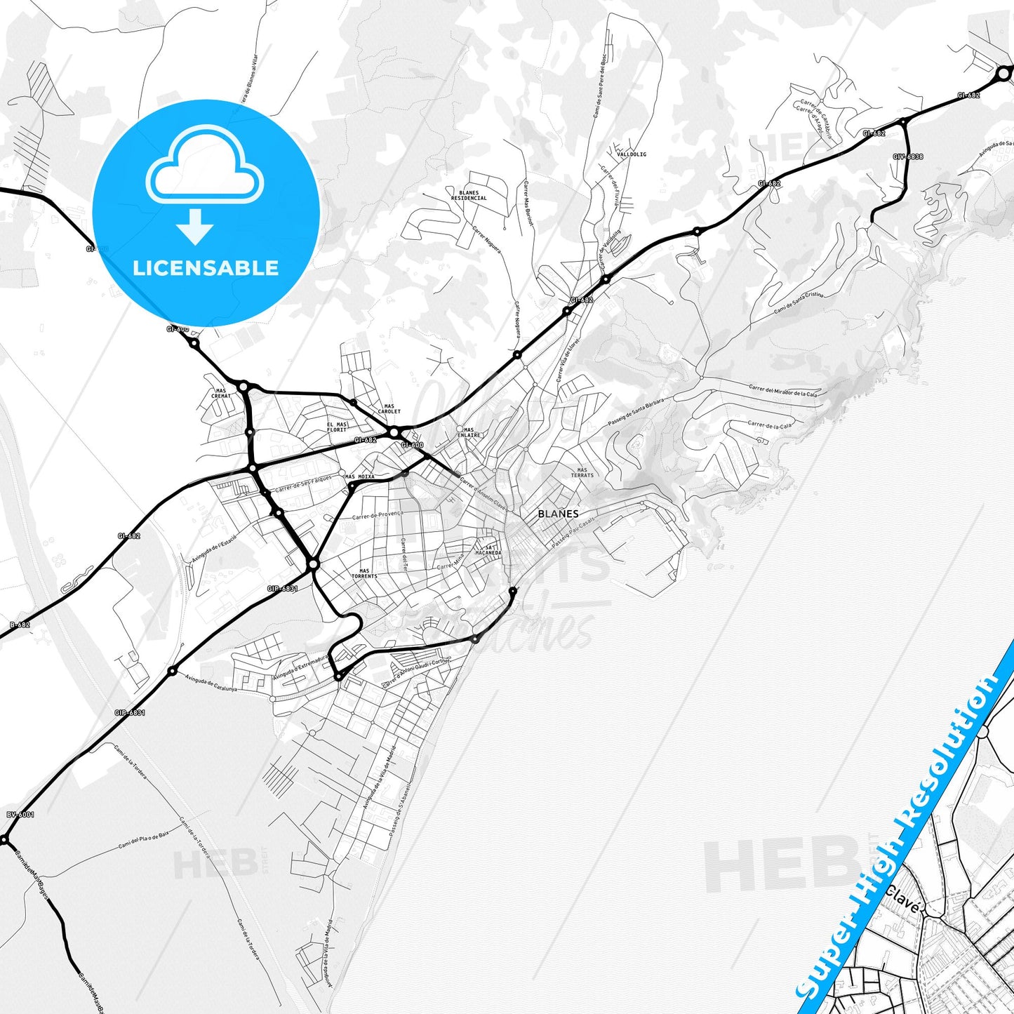 Blanes, Spain Light Map with Street Names, City Names, and Districts