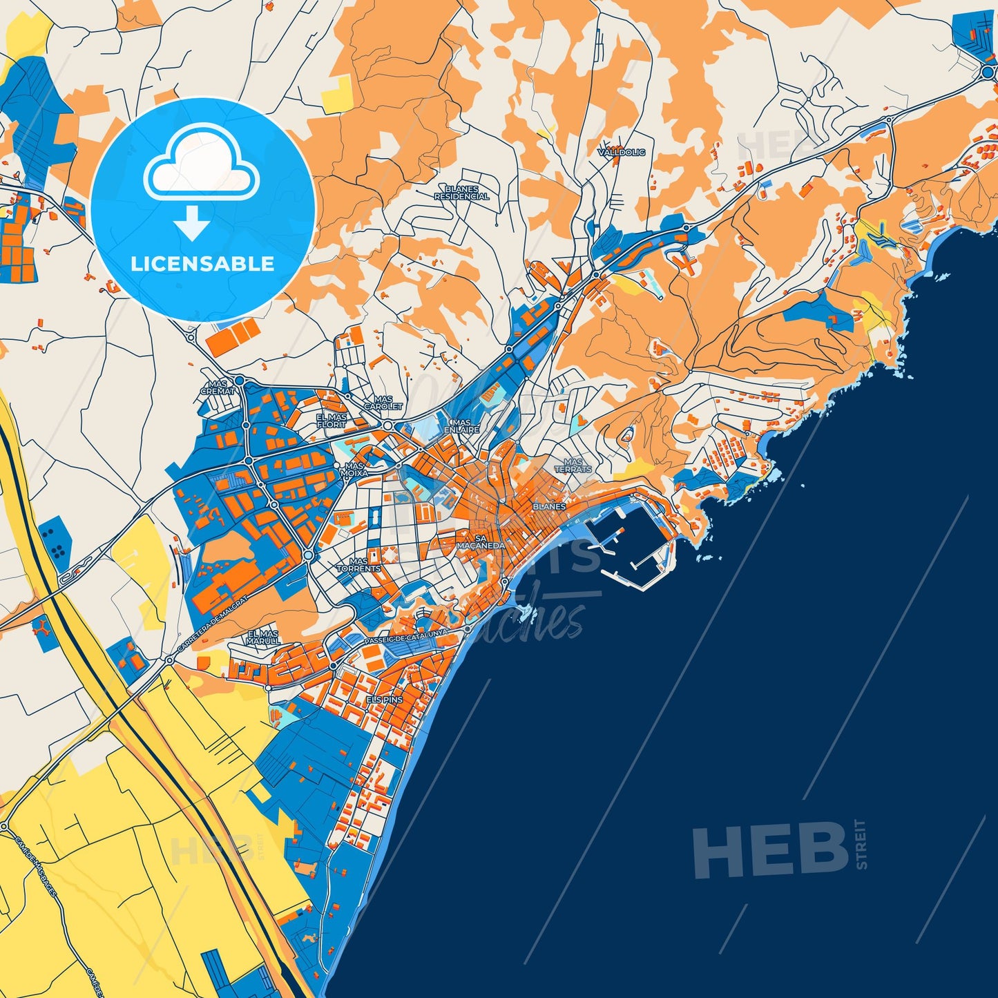 Colorful Blanes Street Map with Labels and Buildings