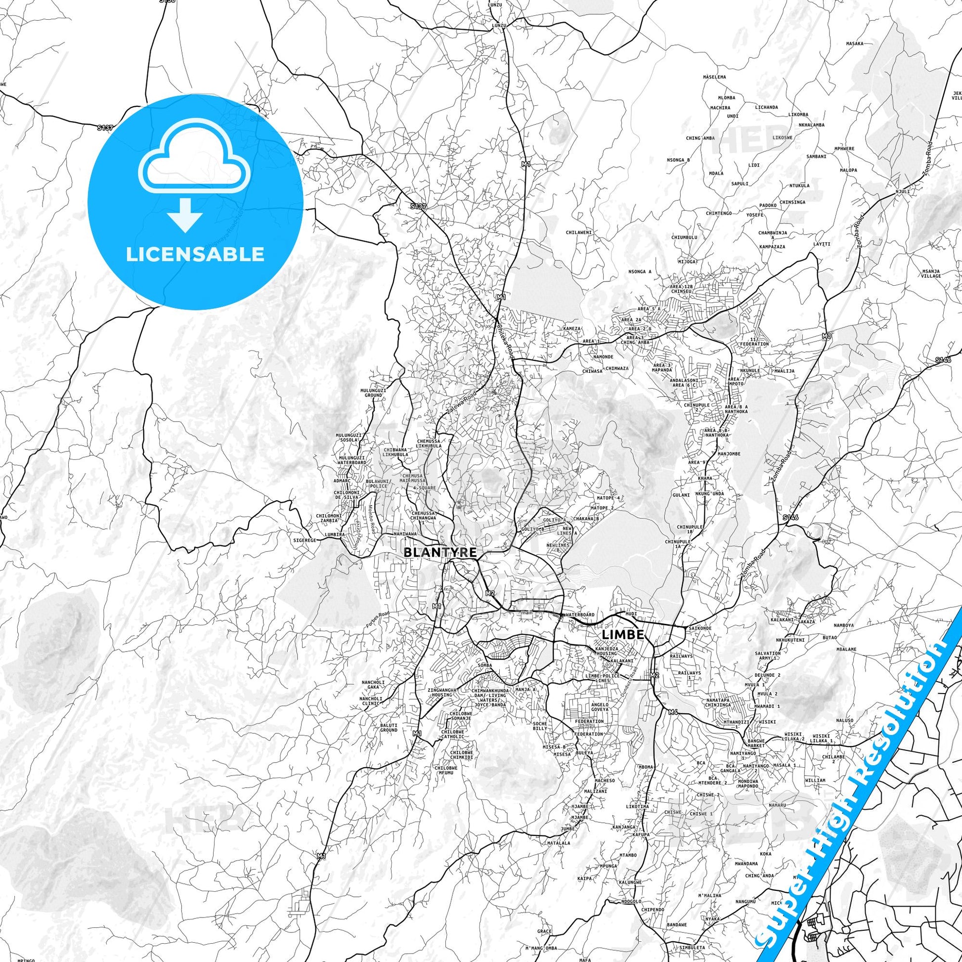 Blantyre, Malawi light map with streetnames, citynames and districts