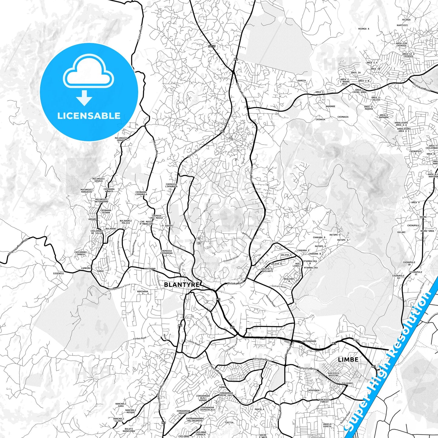 Blantyre, Malawi Light Map with Street Names, City Names, and Districts