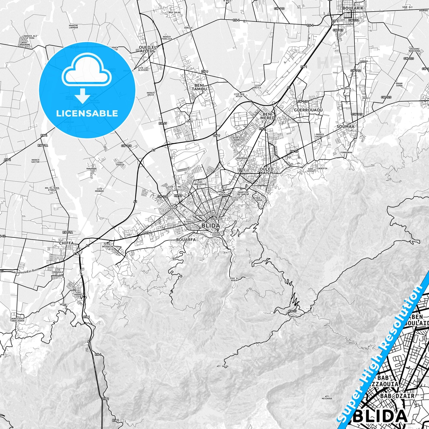 Blida, Algeria light map with streetnames, citynames and districts