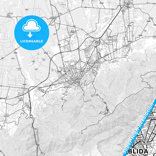Blida, Algeria light map with streetnames, citynames and districts