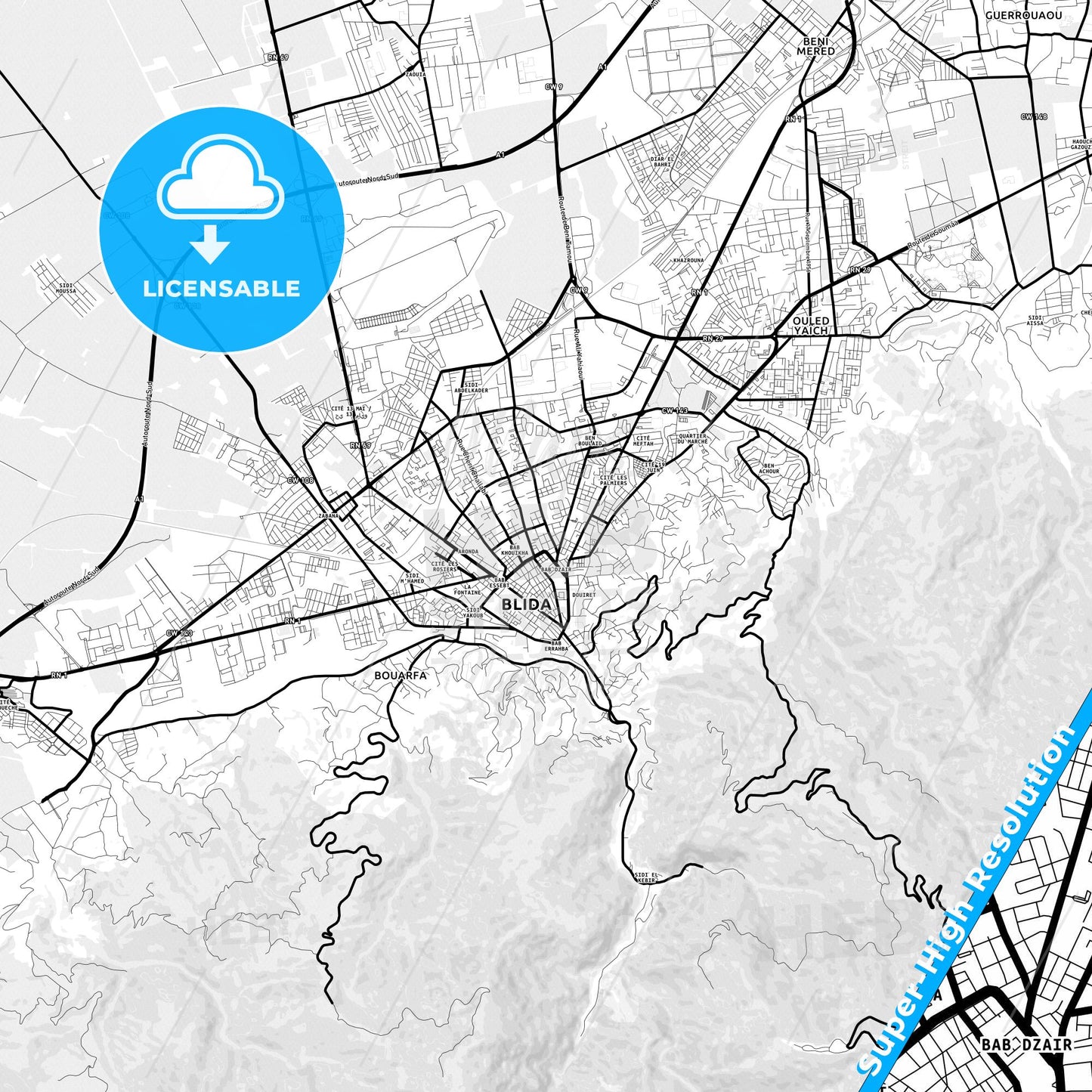 Blida, Algeria Light Map with Street Names, City Names, and Districts
