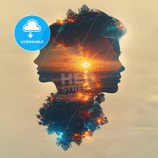 Bliss and Abyss: The Extremes of Existence - A double exposure of a womans face and a sunset