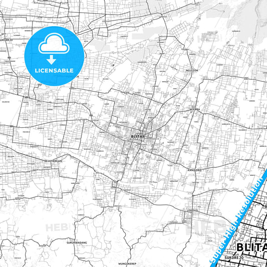 Blitar, Indonesia light map with streetnames, citynames and districts