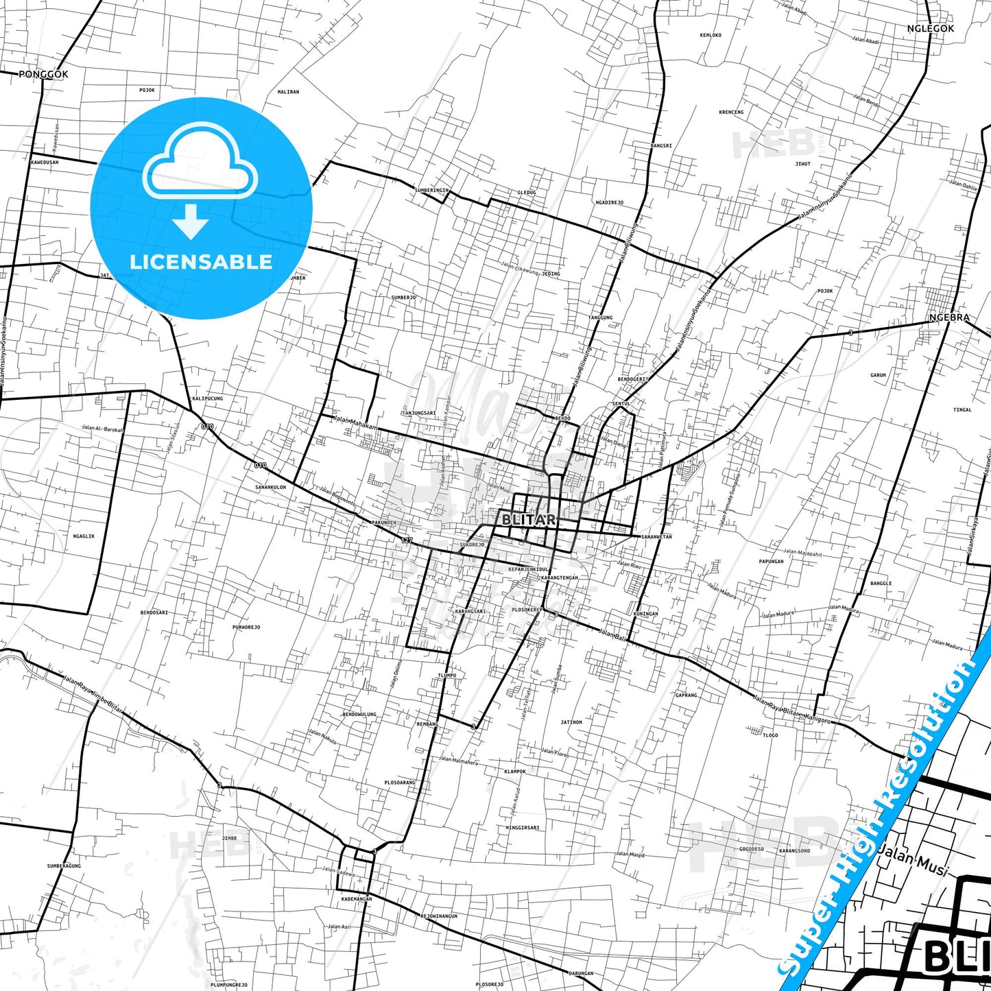 Blitar, Indonesia Light Map with Street Names, City Names, and Districts