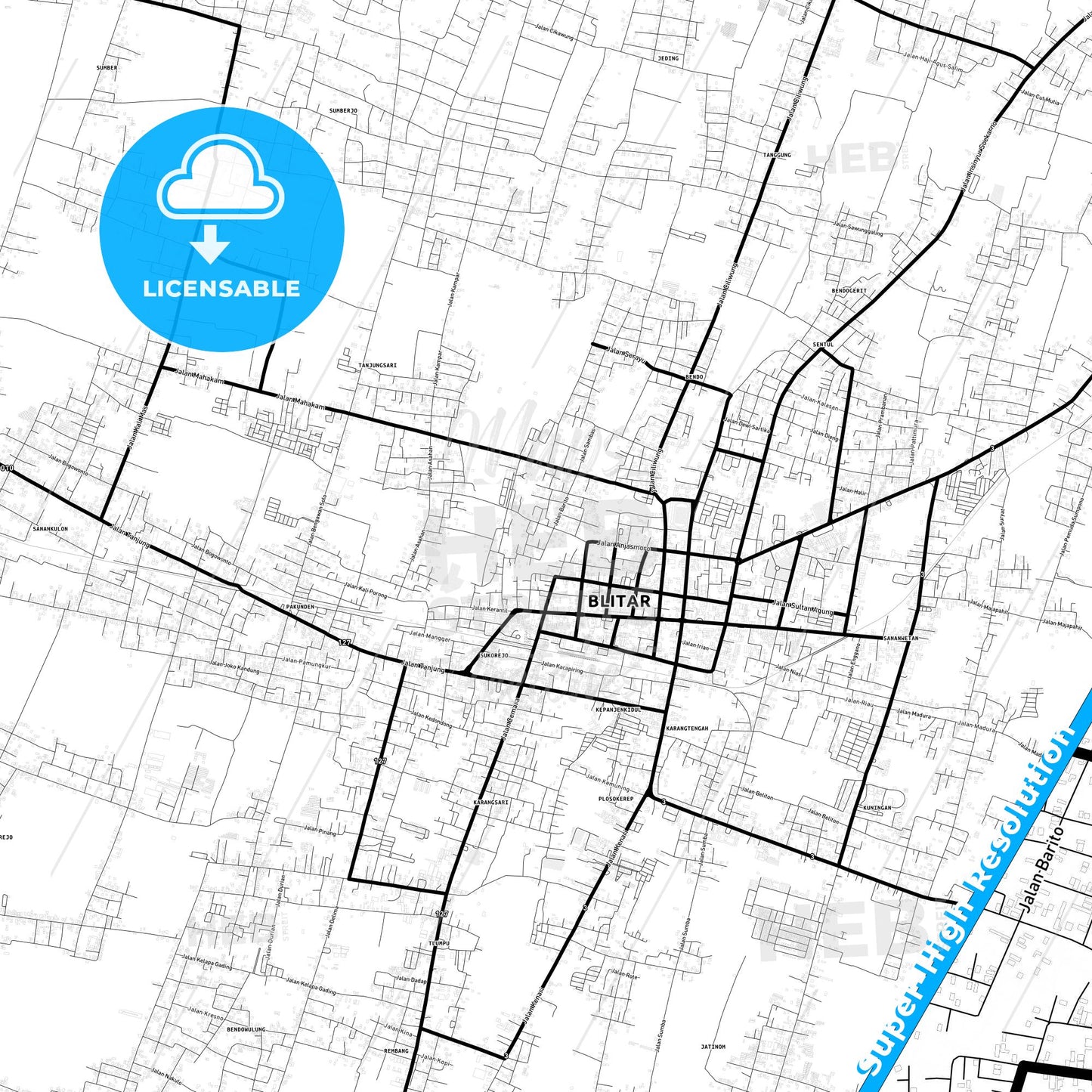 Blitar, Indonesia Light Map with Street Names, City Names, and Districts