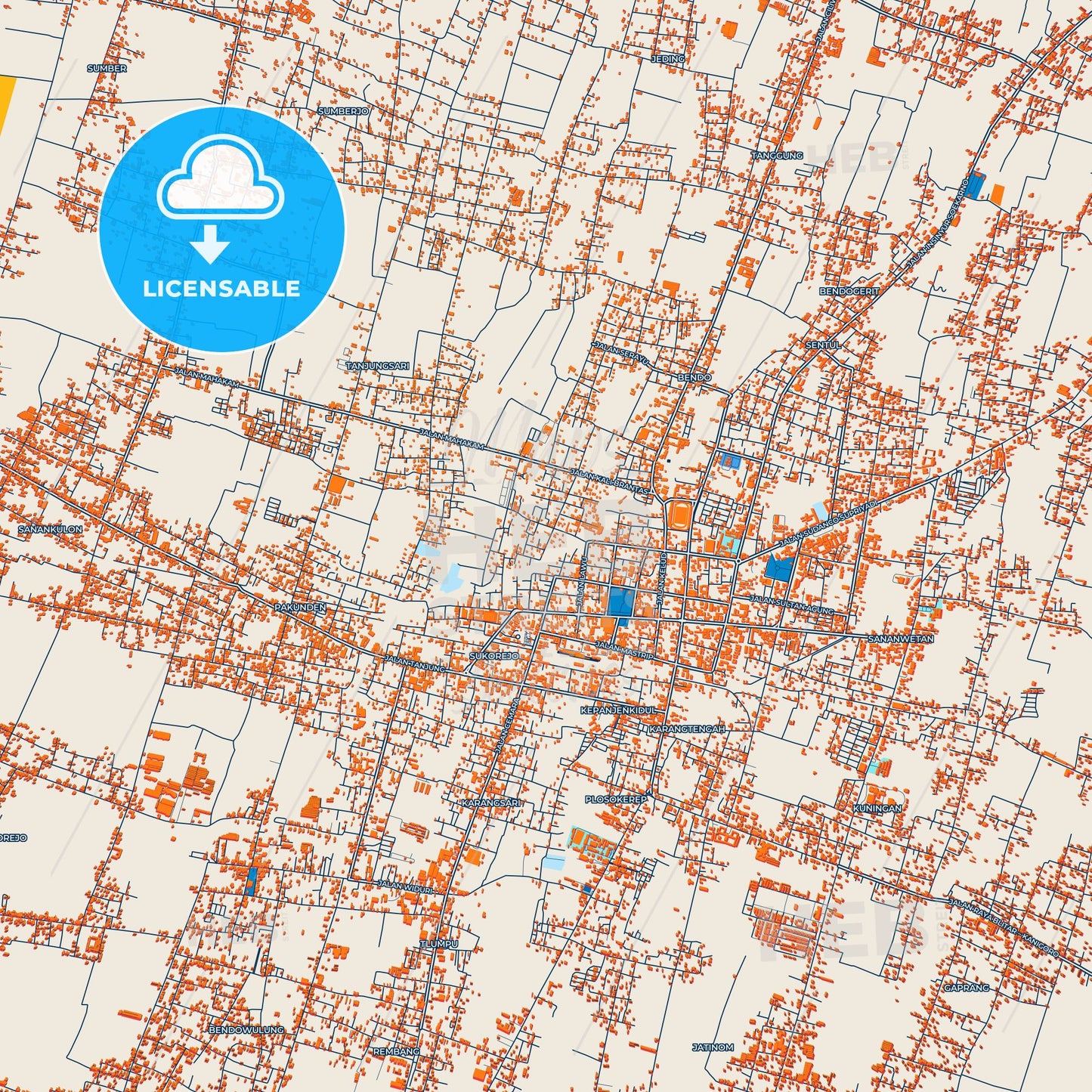 Colorful Blitar Street Map with Labels and Buildings