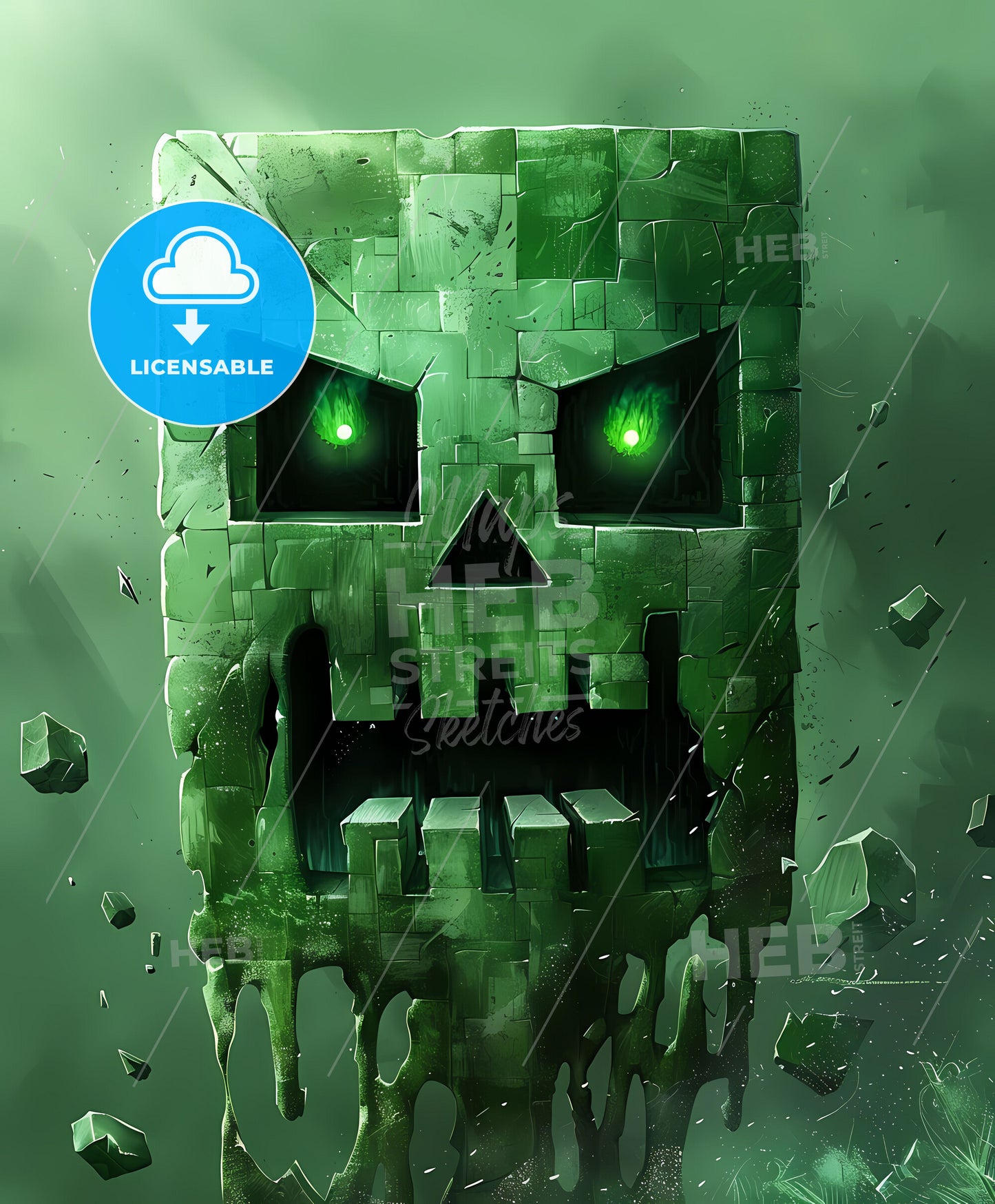 Minecraft Style Stone Face Cartoon T-Shirt Design in New York School Gadgetpunk Text-Based Future Tech Chromatic Animated Gifs Creepypasta Green Background