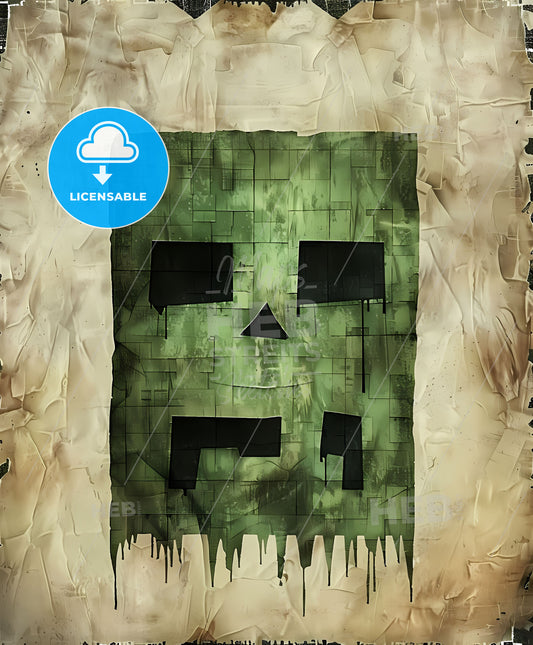 Minecraft-Inspired T-shirt Design Featuring a Vibrant Abstract Painting on a Green Background with a Blocky Pixelated Square Motif