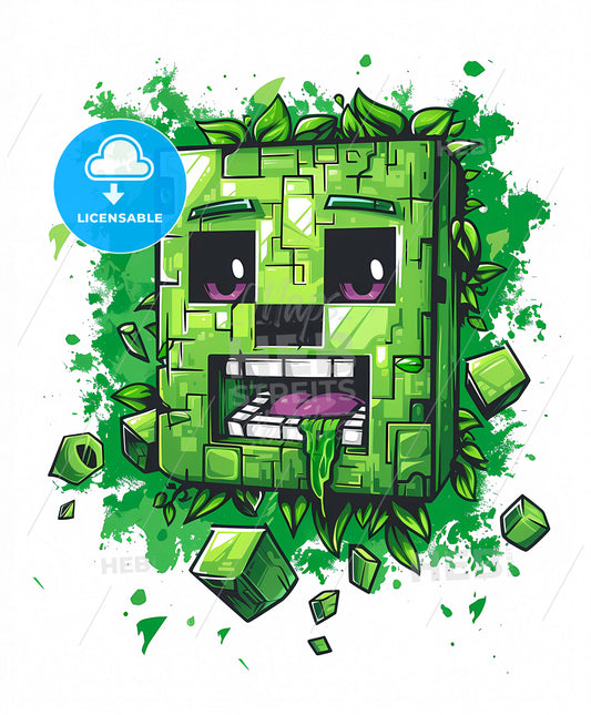 Abstract, futuristic, cartoon character, square with leaves, painting, art, vibrant, green background, minecraft, creepypasta, text-based, animated gifs, gadgetpunk, new york school