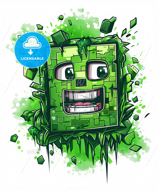 Futuristic Cartoon T-shirt Logo: Blocky Hombre on Green Background, Minecraft Inspired, Text-Based, Animated GIFs, Creepypasta