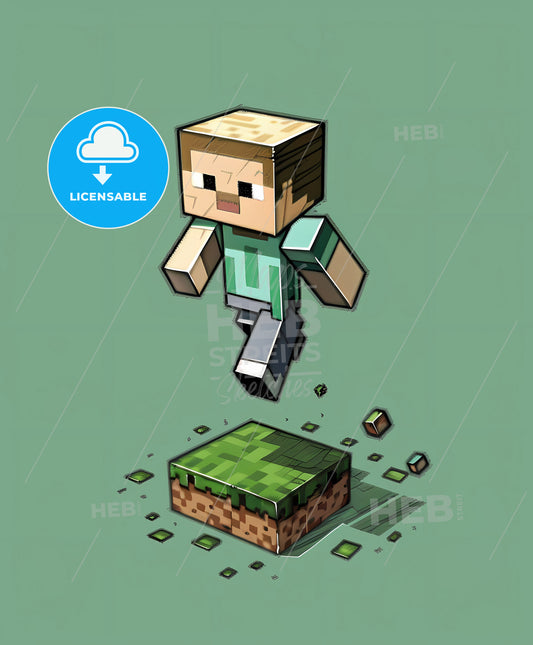 Vibrant Cartoon Character Jumps Over Grass Block in Futuristic, Animated, Creepypasta-Inspired New York School Style