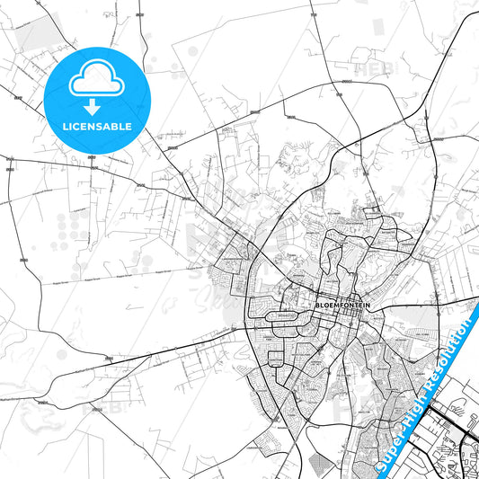 Bloemfontein, South Africa light map with streetnames, citynames and districts