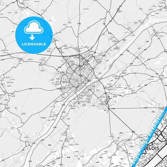 Blois, France light map with streetnames, citynames and districts