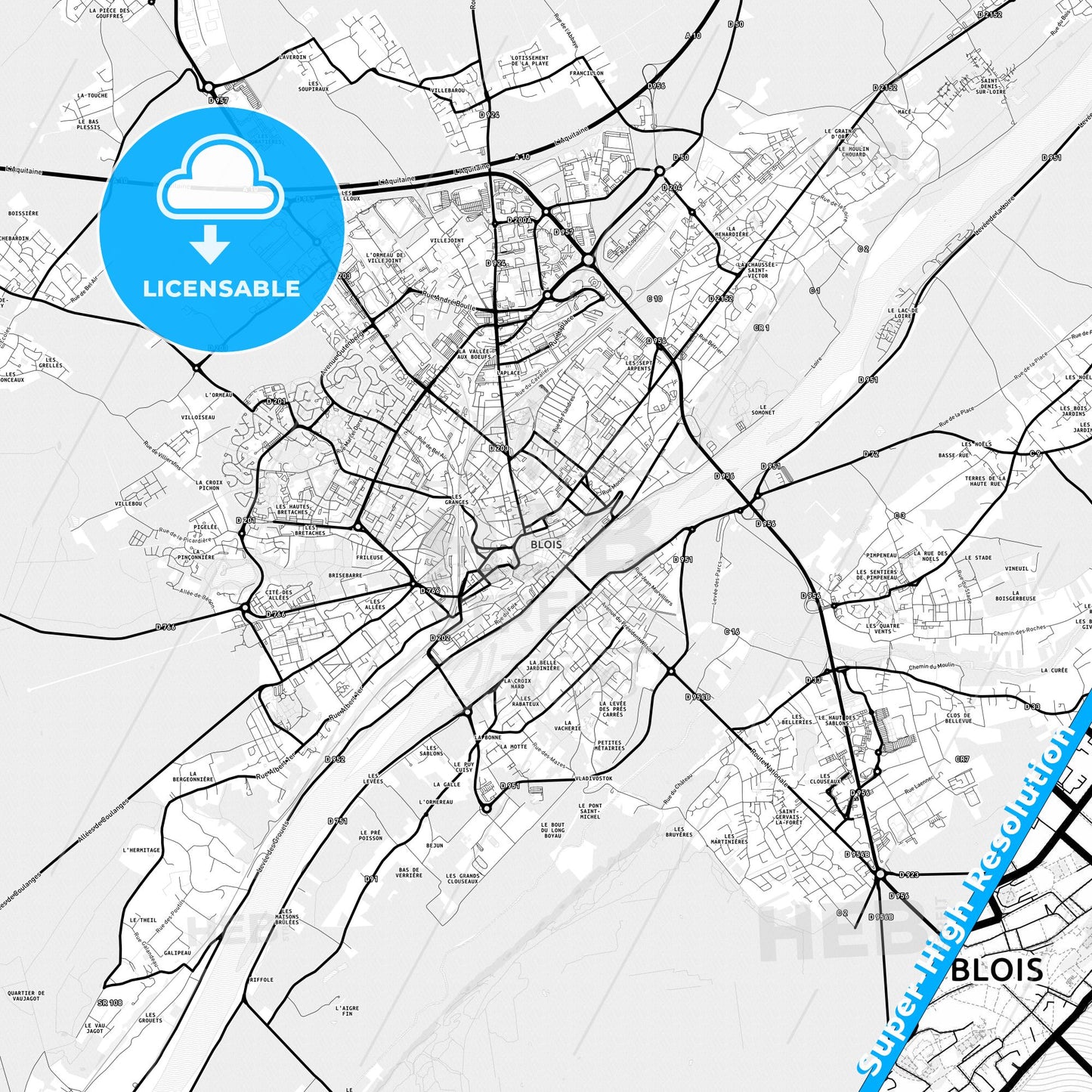 Blois, France Light Map with Street Names, City Names, and Districts