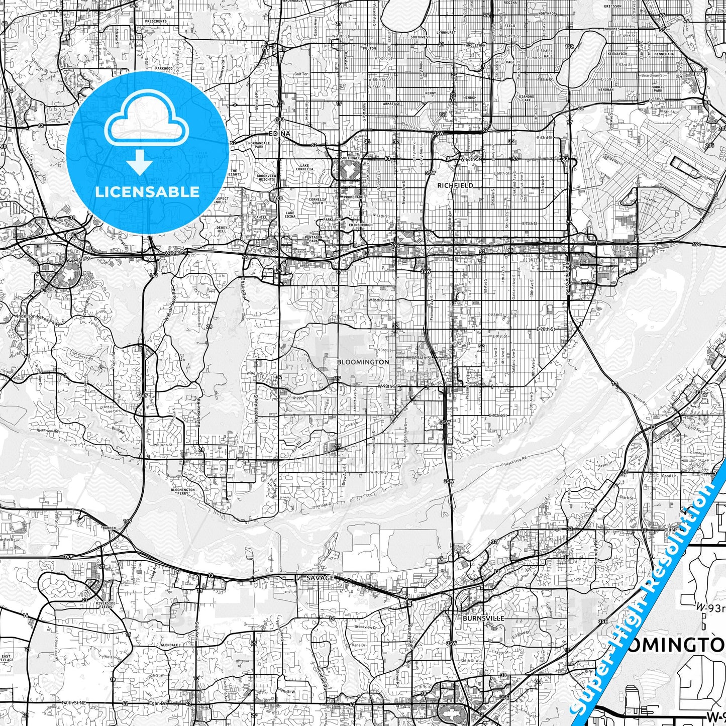 Bloomington, Minnesota light map with streetnames, citynames and districts