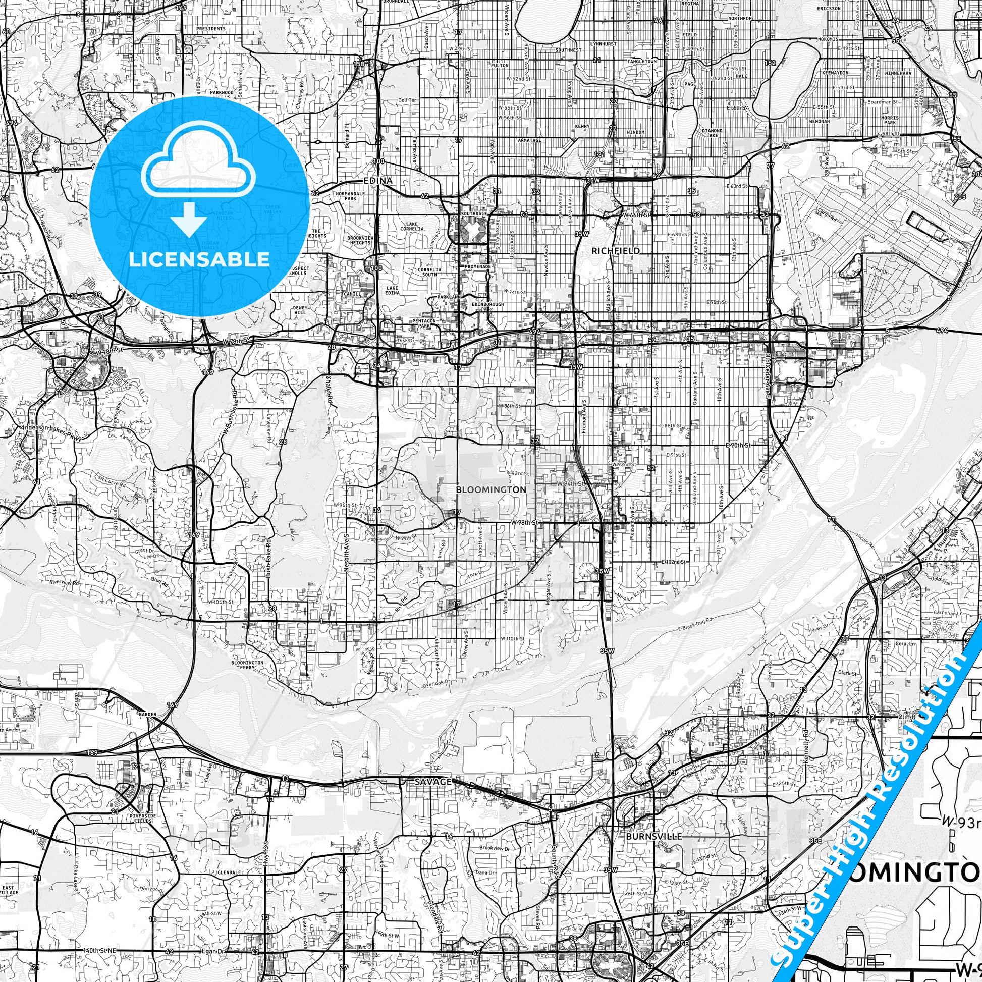 Bloomington, Minnesota light map with streetnames, citynames and districts