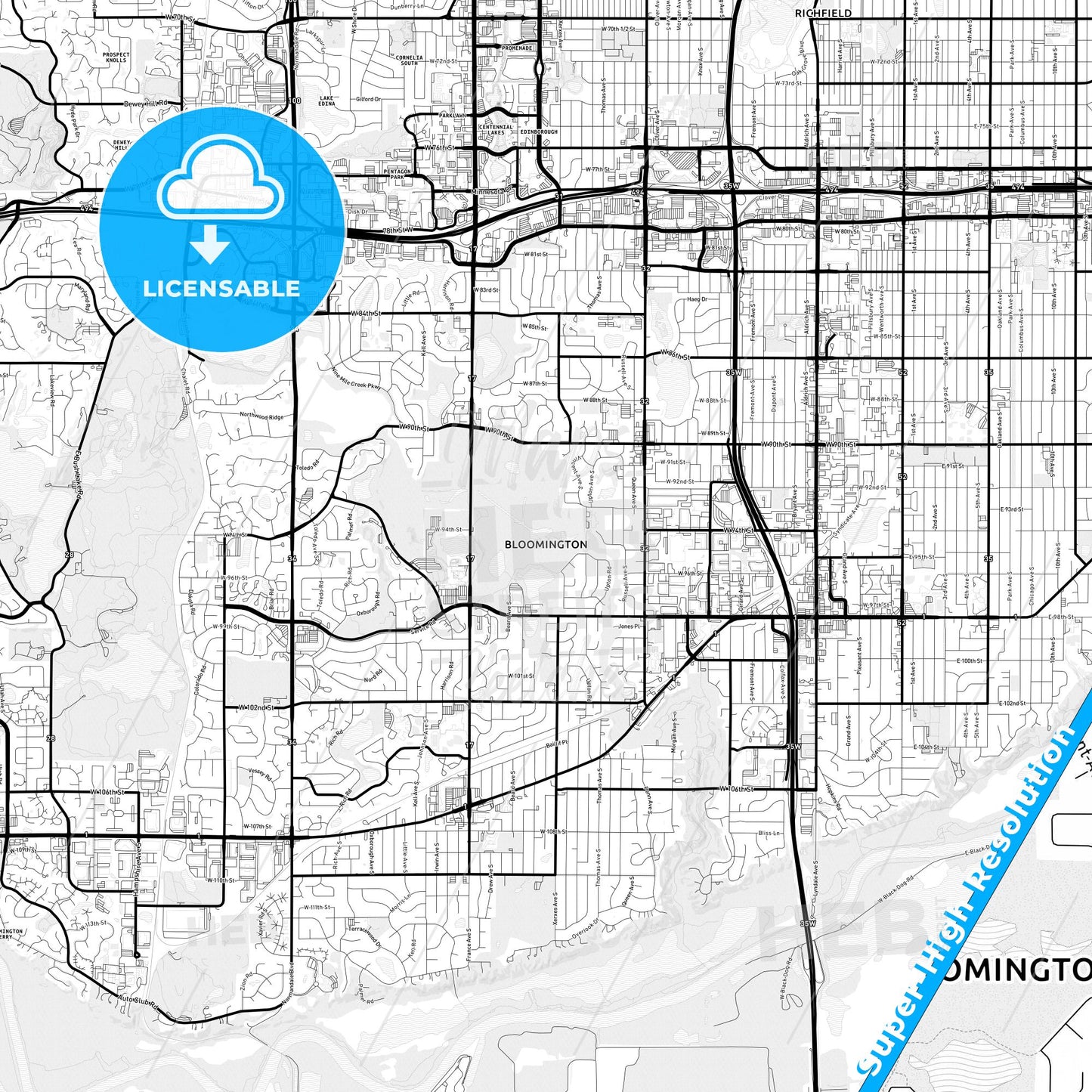 Bloomington, Minnesota Light Map with Street Names, City Names, and Districts