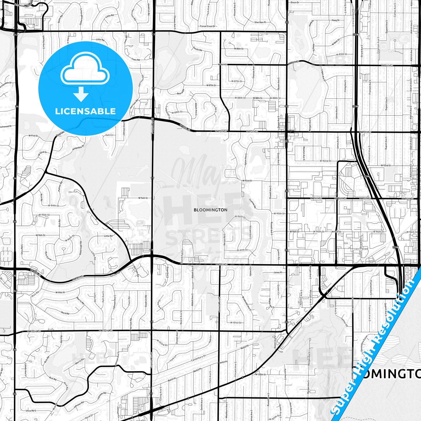 Bloomington, Minnesota Light Map with Street Names, City Names, and Districts